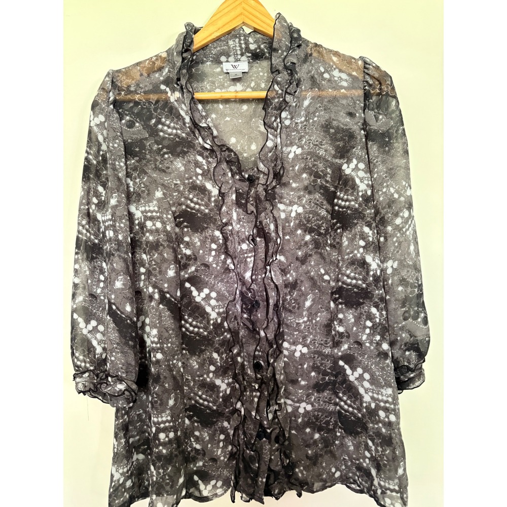 Worthington Womens Gray Abstract Ruffle V-Neck Sheer Blouse Size M 3/4 Sleeve‎